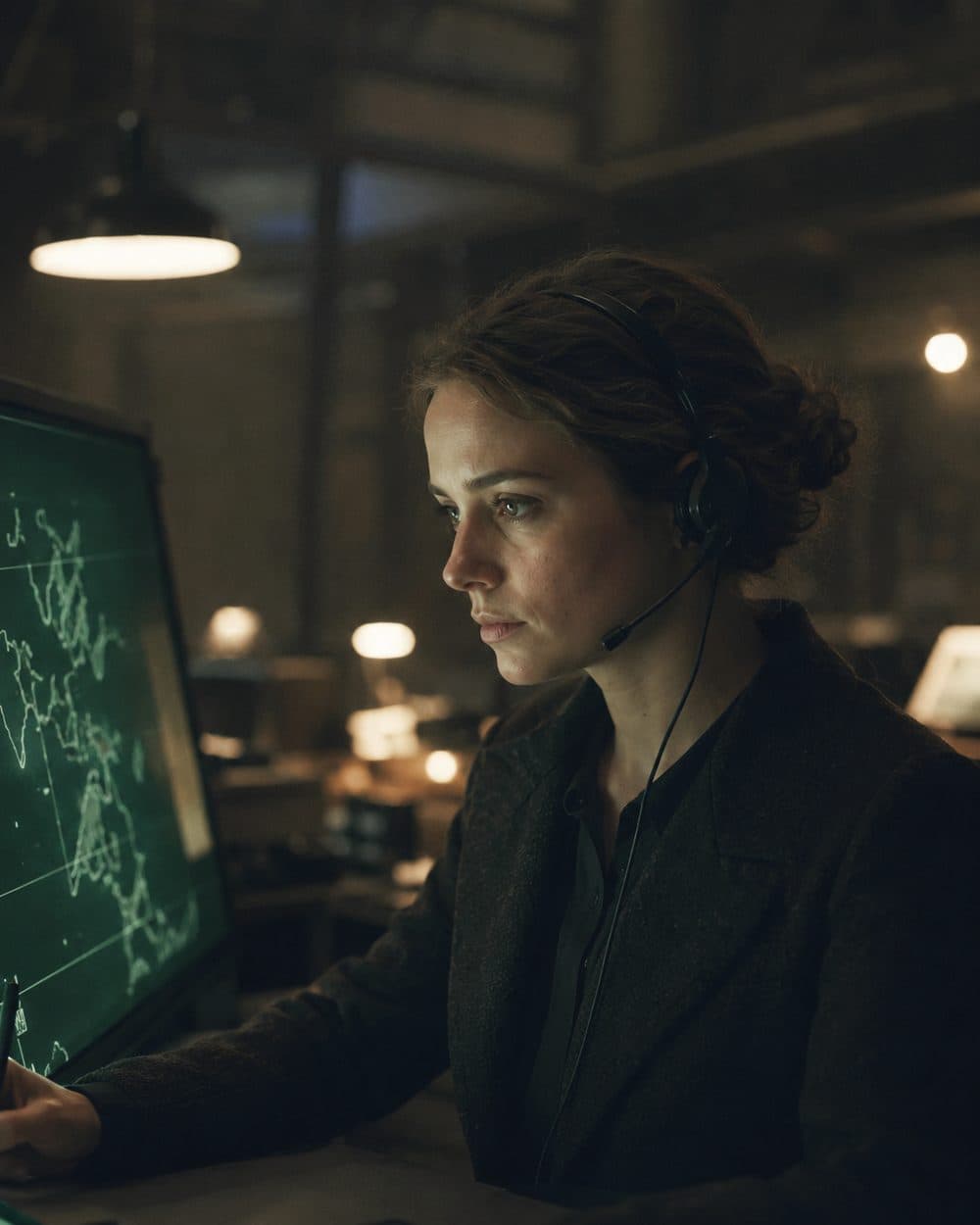 A duty analyst lit by the green glow of a map monitor in the ops room