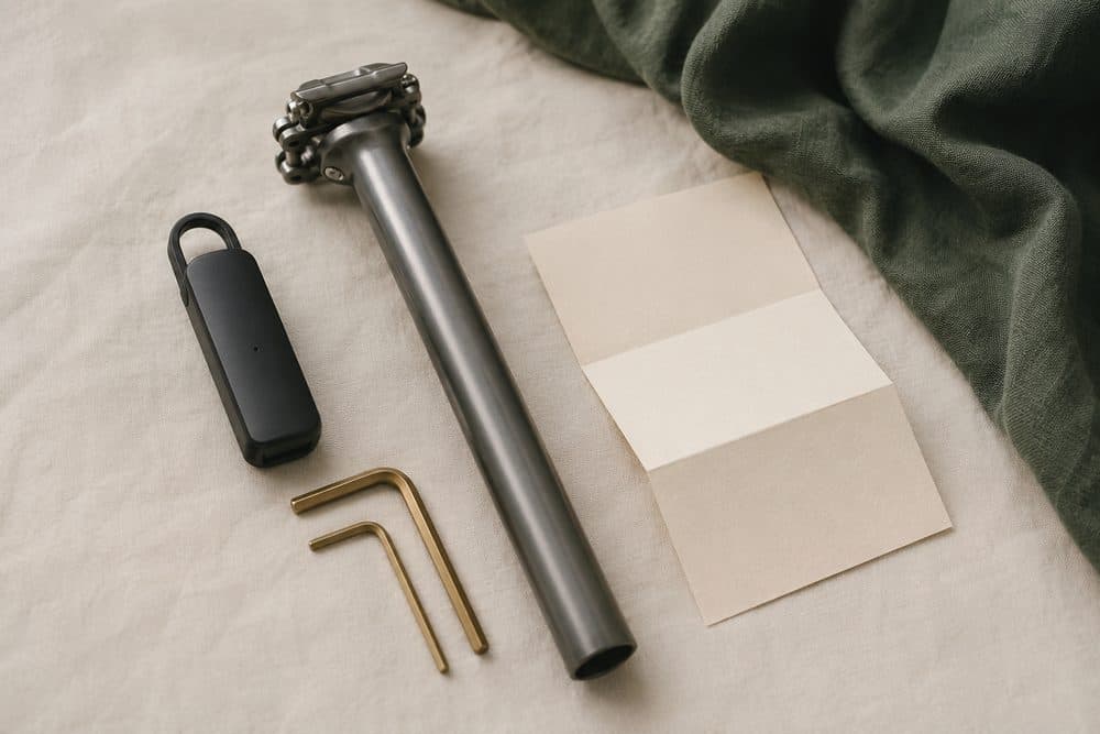 A flat-lay of the tracker, a titanium seatpost and brass hex keys on linen