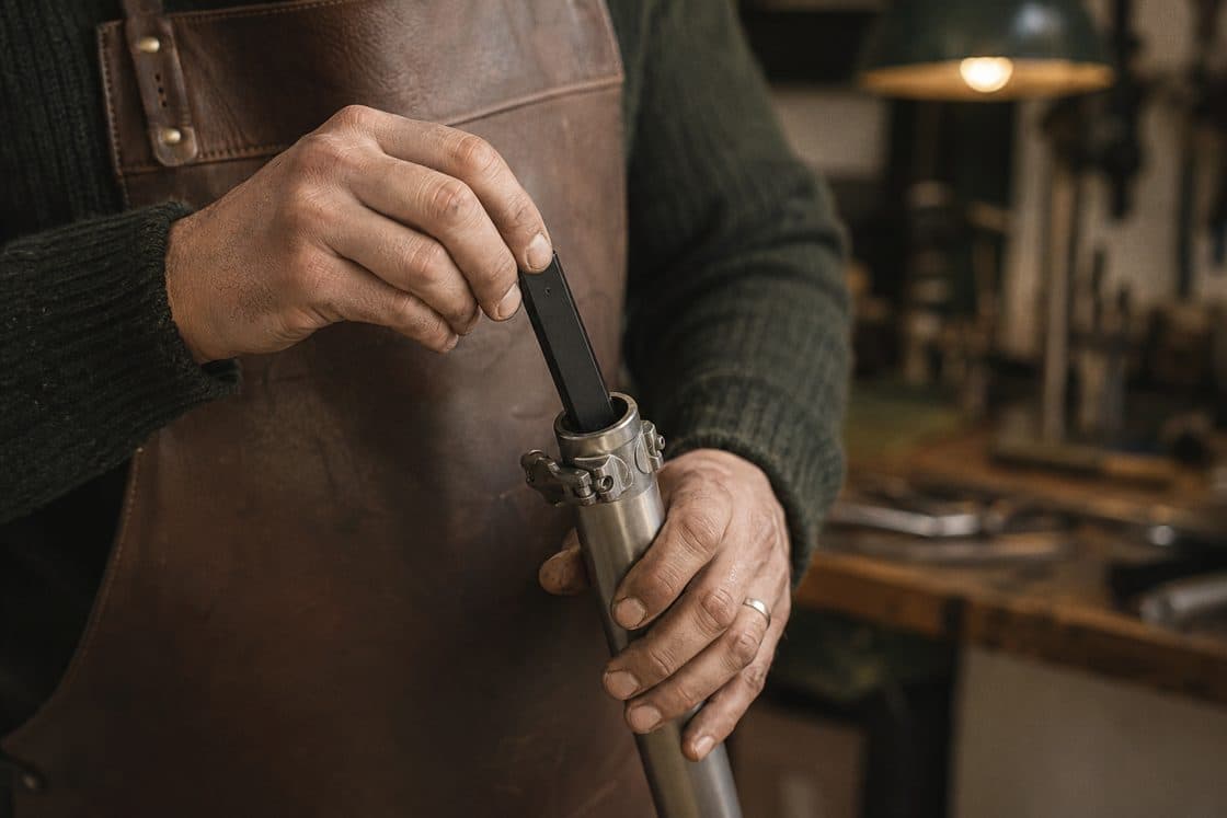A mechanic sliding the concealed tracker into a titanium seatpost