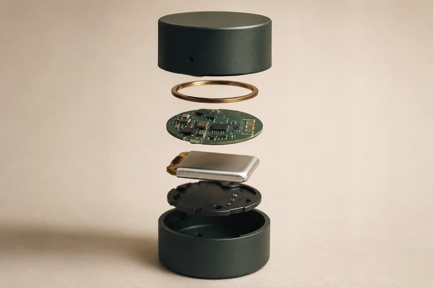 Exploded view of the Elloowe tracker — machined shell, gold ring, circuit board and cell
